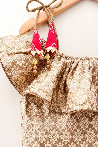 Self Design Top With Printed Dhoti Pants- Beige & Red