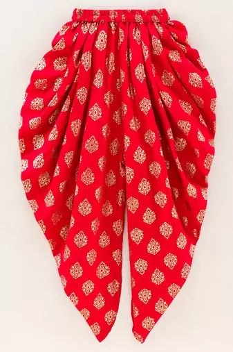 Self Design Top With Printed Dhoti Pants- Beige & Red