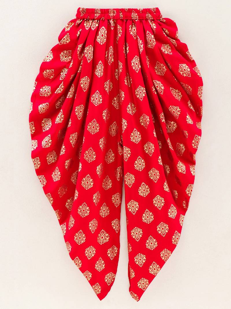 Self Design Top With Printed Dhoti Pants- Beige & Red