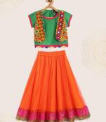 Choli With Attached Embroidered Mock Jacket & Net Ghagra- Green & Orange