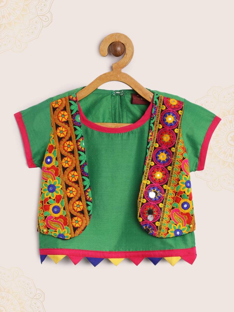 Choli With Attached Embroidered Mock Jacket & Net Ghagra- Green & Orange