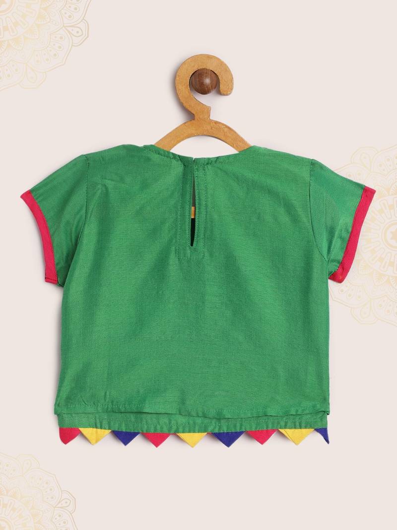 Choli With Attached Embroidered Mock Jacket & Net Ghagra- Green & Orange