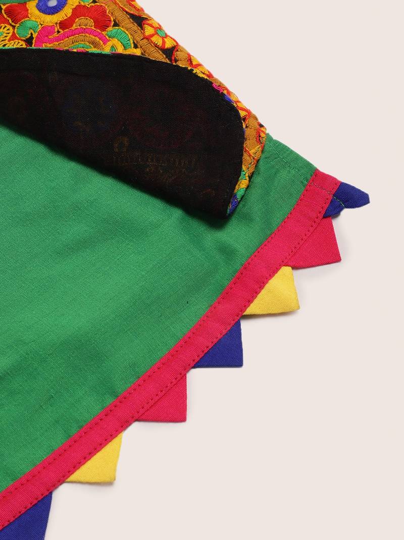 Choli With Attached Embroidered Mock Jacket & Net Ghagra- Green & Orange