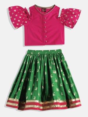 Cold Shoulder Printed Choli With Printed Ghagra- Pink & Green 1