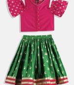 Cold Shoulder Printed Choli With Printed Ghagra- Pink & Green