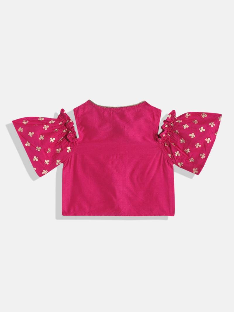 Cold Shoulder Printed Choli With Printed Ghagra- Pink & Green