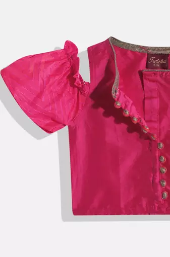 Cold Shoulder Printed Choli With Printed Ghagra- Pink & Green