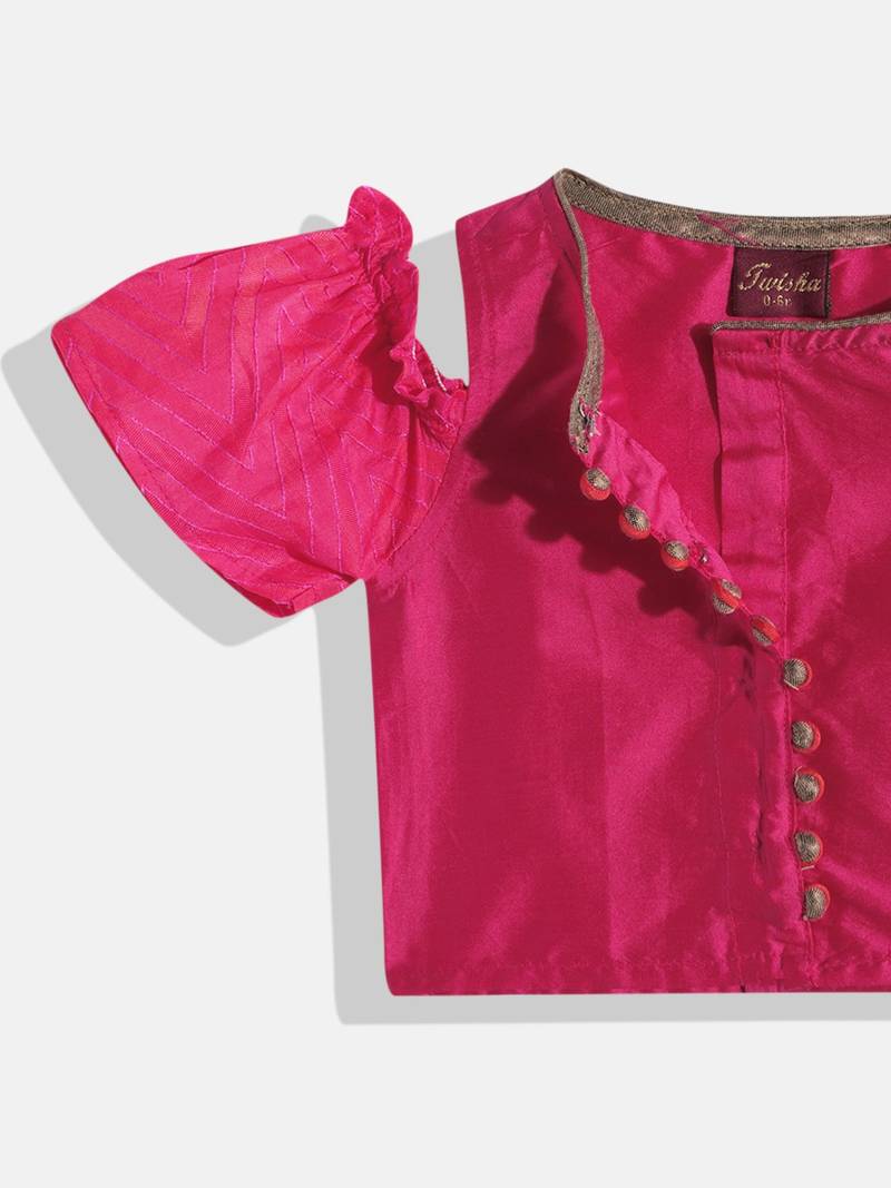 Cold Shoulder Printed Choli With Printed Ghagra- Pink & Green