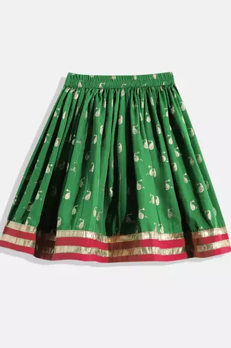 Cold Shoulder Printed Choli With Printed Ghagra- Pink & Green
