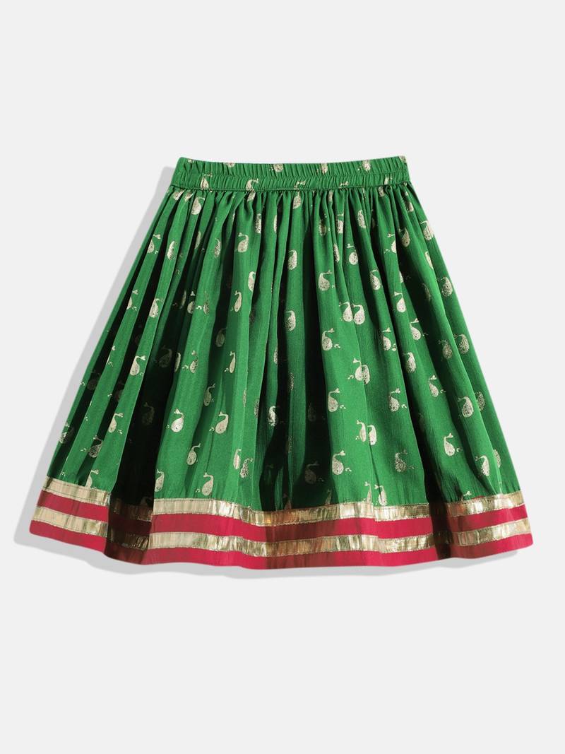 Cold Shoulder Printed Choli With Printed Ghagra- Pink & Green