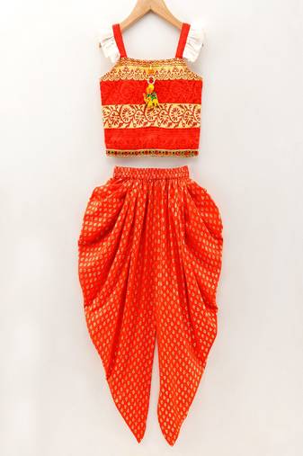 Printed Flutter Sleeves Top With Printed Dhoti Pants- Orange