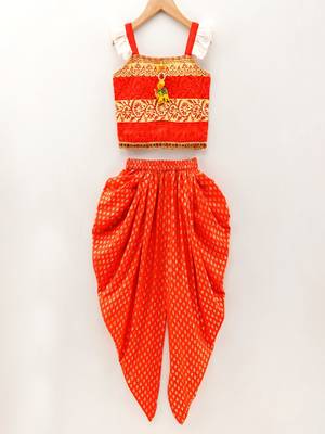Printed Flutter Sleeves Top With Printed Dhoti Pants- Orange 1