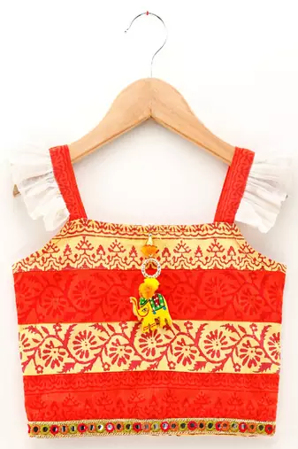 Printed Flutter Sleeves Top With Printed Dhoti Pants- Orange