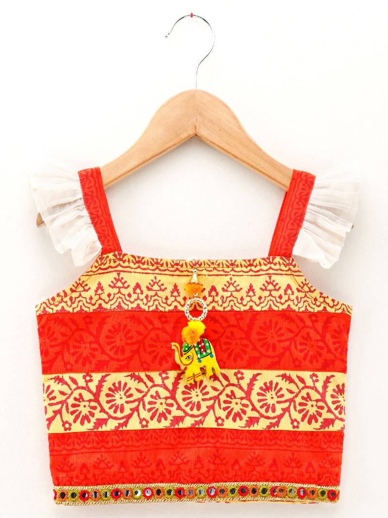Printed Flutter Sleeves Top With Printed Dhoti Pants- Orange