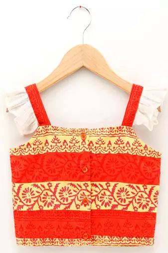 Printed Flutter Sleeves Top With Printed Dhoti Pants- Orange