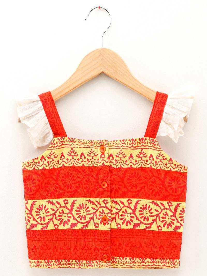 Printed Flutter Sleeves Top With Printed Dhoti Pants- Orange