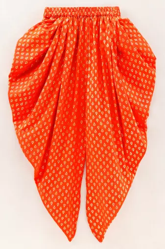 Printed Flutter Sleeves Top With Printed Dhoti Pants- Orange