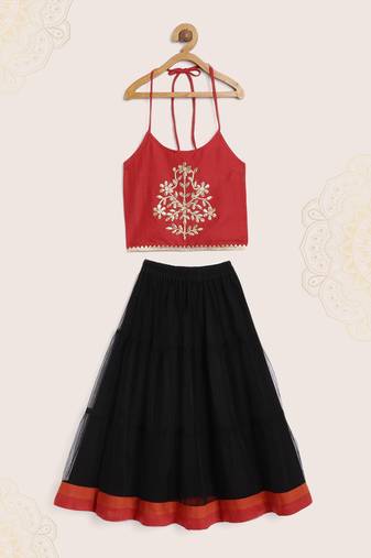 Embroidered Choli With Ghagra- Red & Black