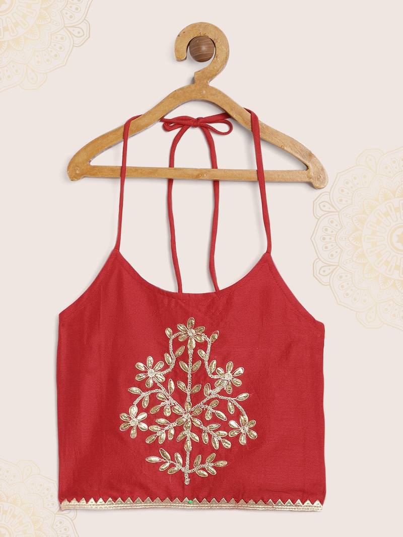 Embroidered Choli With Ghagra- Red & Black