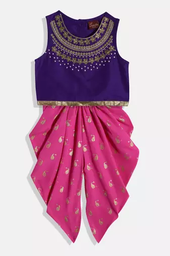 Embroidered Top With Printed Dhoti Pants- Blue & Pink