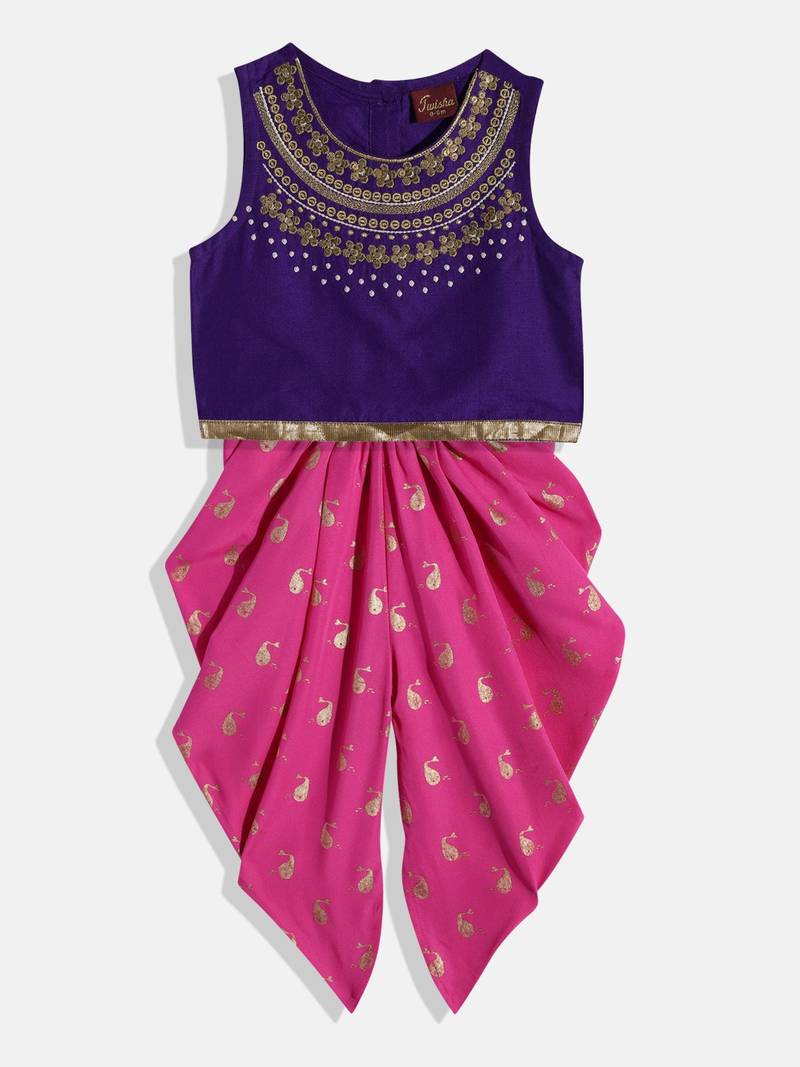 Embroidered Top With Printed Dhoti Pants- Blue & Pink