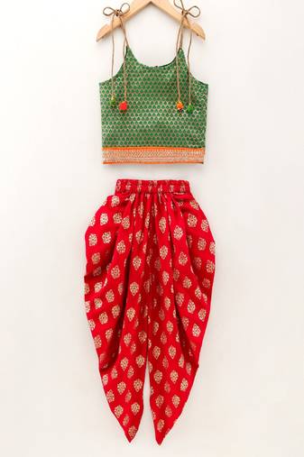 Self Design Top With Printed Dhoti Pants- Green & Red