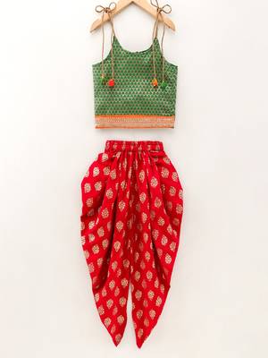 Self Design Top With Printed Dhoti Pants- Green & Red 1