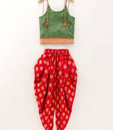 Self Design Top With Printed Dhoti Pants- Green & Red