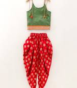 Self Design Top With Printed Dhoti Pants- Green & Red