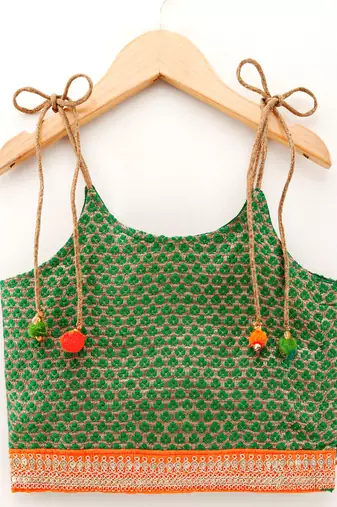 Self Design Top With Printed Dhoti Pants- Green & Red