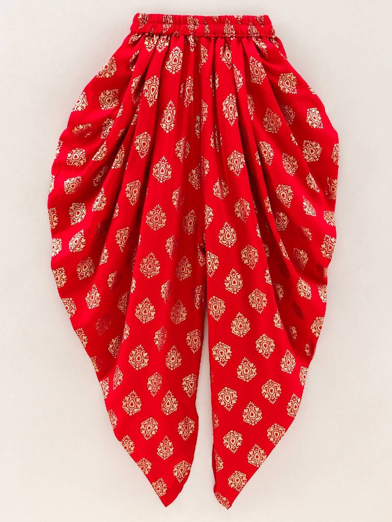 Self Design Top With Printed Dhoti Pants- Green & Red