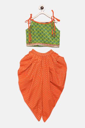 All Over Printed Top With Dhoti Pants- Green & Orange