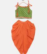 All Over Printed Top With Dhoti Pants- Green & Orange
