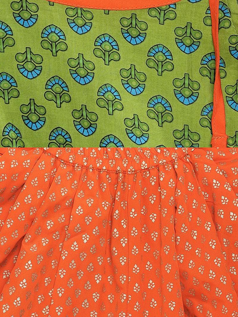 All Over Printed Top With Dhoti Pants- Green & Orange