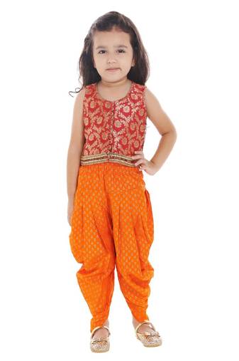 Brocade Top With Printed Dhoti Pants- Red & Orange