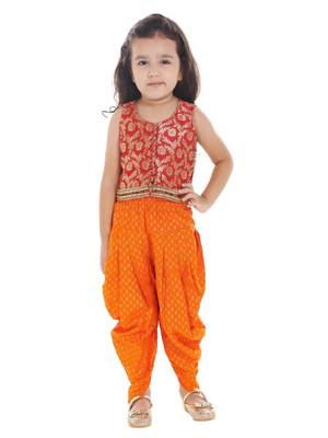 Brocade Top With Printed Dhoti Pants- Red & Orange 1