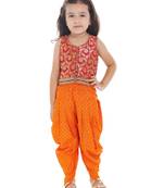 Brocade Top With Printed Dhoti Pants- Red & Orange