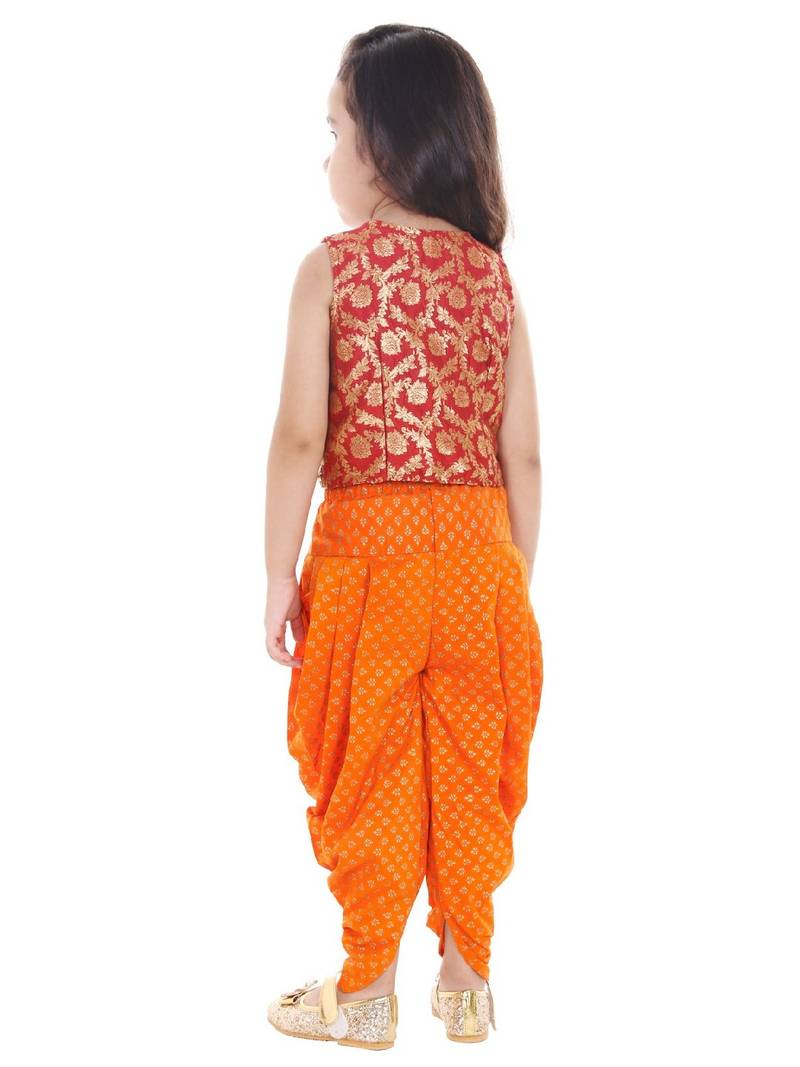 Brocade Top With Printed Dhoti Pants- Red & Orange