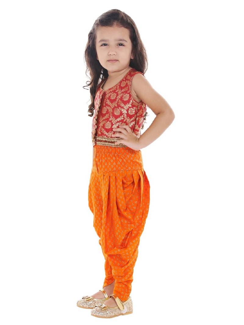 Brocade Top With Printed Dhoti Pants- Red & Orange