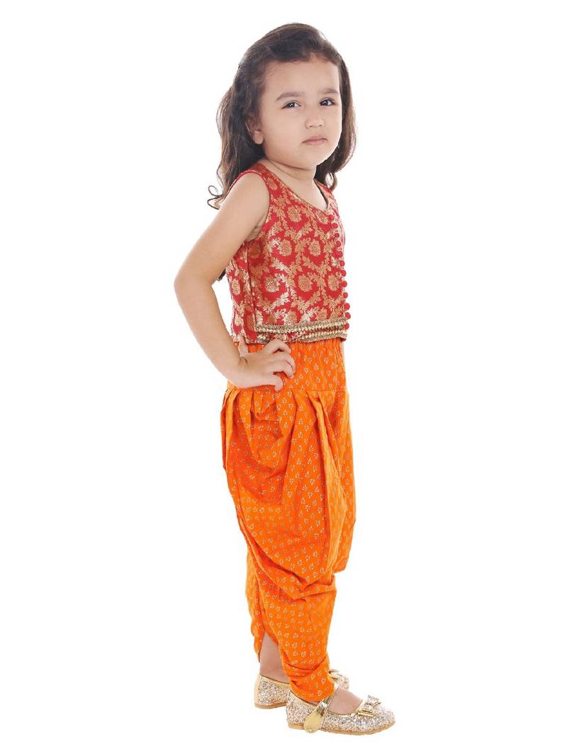 Brocade Top With Printed Dhoti Pants- Red & Orange