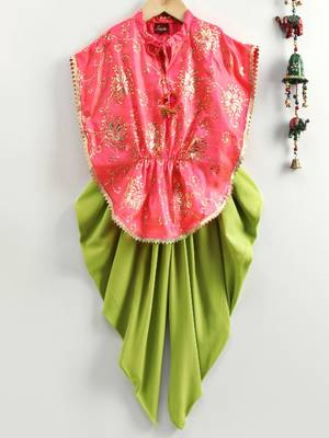 Gold Prited Kaftan Style Top & Dhoti Pants- Coral & Green 1