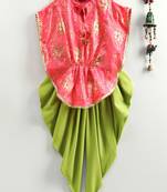 Gold Prited Kaftan Style Top & Dhoti Pants- Coral & Green