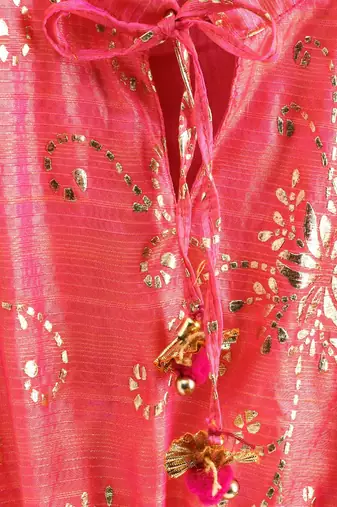 Gold Prited Kaftan Style Top & Dhoti Pants- Coral & Green