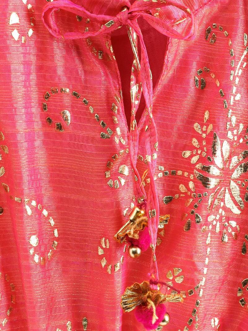 Gold Prited Kaftan Style Top & Dhoti Pants- Coral & Green