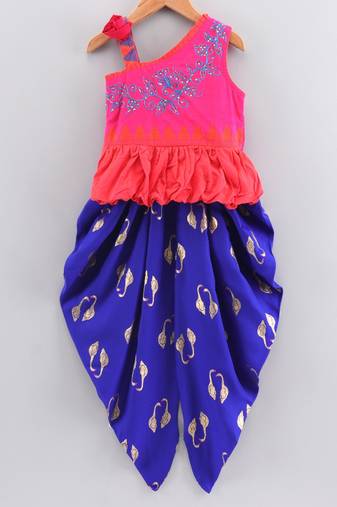 Solid Cotton Asymmetric Neck Embroidered Top With Printed Dhoti Pants- Orange & Blue