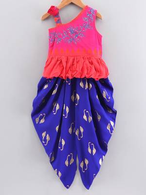 Solid Cotton Asymmetric Neck Embroidered Top With Printed Dhoti Pants- Orange & Blue 1