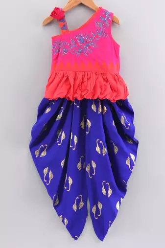 Solid Cotton Asymmetric Neck Embroidered Top With Printed Dhoti Pants- Orange & Blue