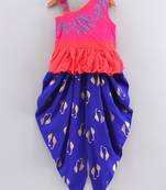 Solid Cotton Asymmetric Neck Embroidered Top With Printed Dhoti Pants- Orange & Blue