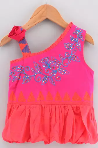 Solid Cotton Asymmetric Neck Embroidered Top With Printed Dhoti Pants- Orange & Blue