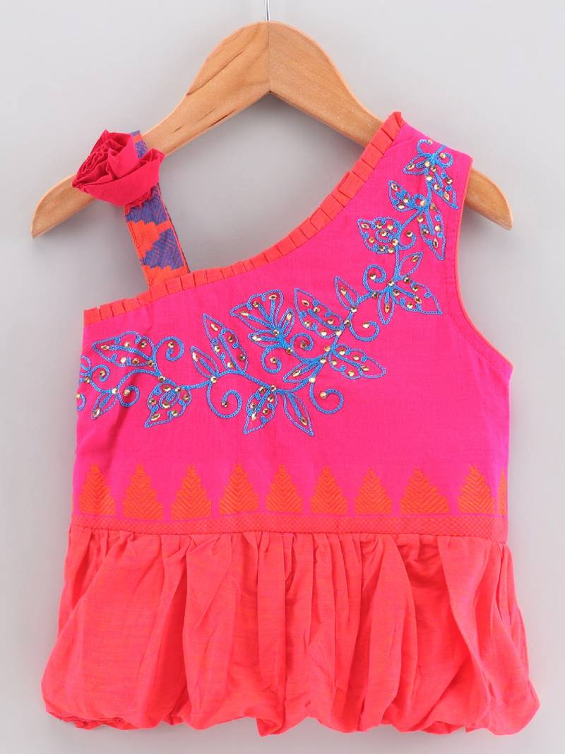 Solid Cotton Asymmetric Neck Embroidered Top With Printed Dhoti Pants- Orange & Blue